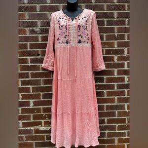 Veveret Embroidered Bohemian Sz L Cottage Prairie Flowy Long Floral Orange Dress